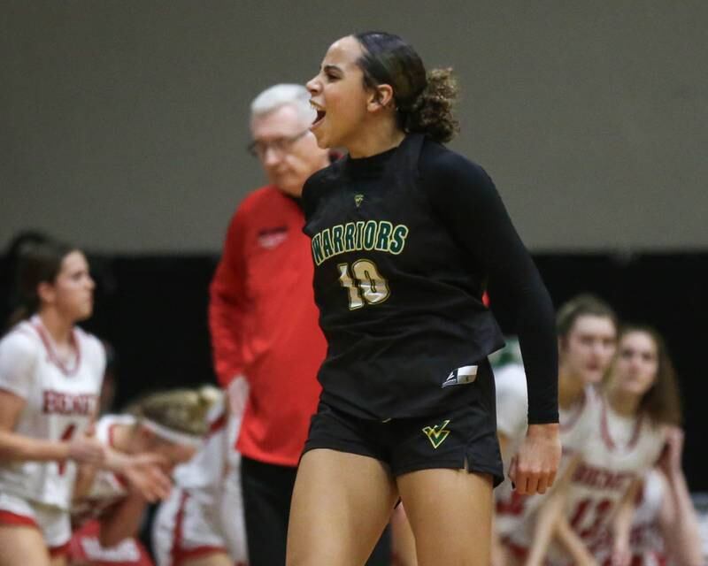Waubonsie Valley's Danyella Mporokoso (10) reacts after scoring during their Class 4A Bolingbrook Sectional final basketball game between Waubonsie Valley at Benet. Feb 27, 2025 in Bolingbrook.