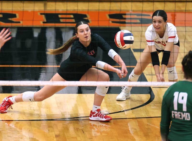 Huntley's Alexandria Goritz receives a Fremd serve Monday, Nov. 11, 2024, during their Class 4A supersectional match against Fremd at DeKalb High School.