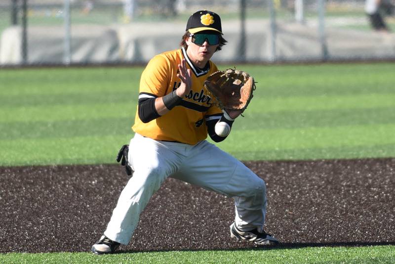 Herscher's Brock Berns fields a grounder during a home game against Coal City Monday, April 20, 2026.