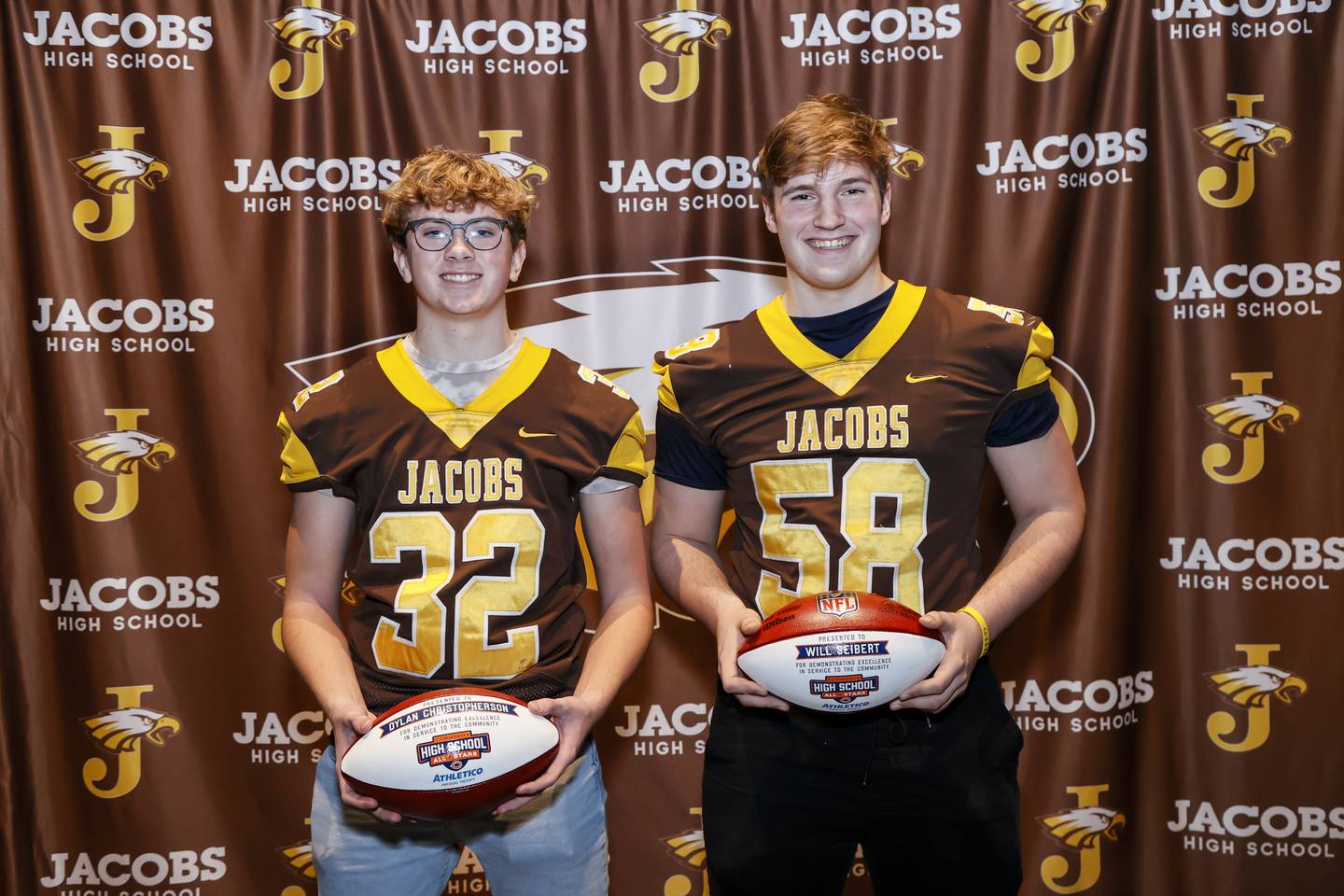 Jacobs football players Dylan Christopherson and Will Seibert were named Bears Community All-Star award winners. They formed a nonprofit business, Athletes 4 Athletes, with friends Anay Patel and Porter Leith that takes used athletic equipment and gives it to less-fortunate athletes who need it.