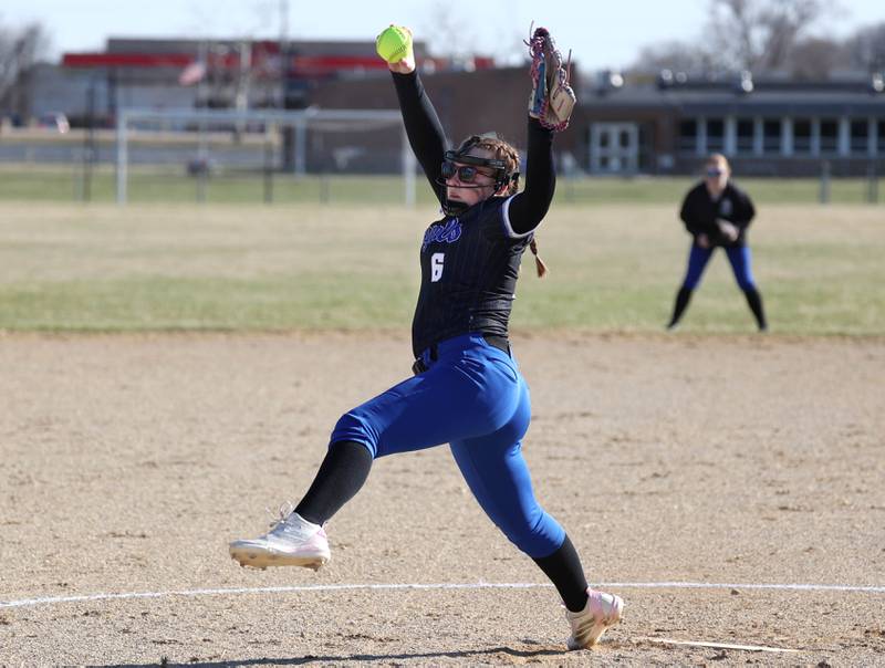 Hinckley-Big Rock's Brylee Brockway delivers the first pitch for the Royal’s program since 2019 Monday, March 23, 2026, during their game against Genoa-Kingston at Hinckley-Big Rock High School.
