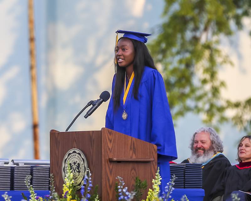 Nora Ezike speaks at the Lyons Township High School Graduation ceremony Wednesday, May 28, 2025  in Western Springs.