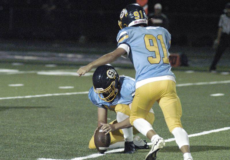 Sterling kicker Ryan Gebhardt  attempts a field goal in  Sterlings game . Niles North traveled to Sterling High School to play the Warirors on Sept. 6, 2024