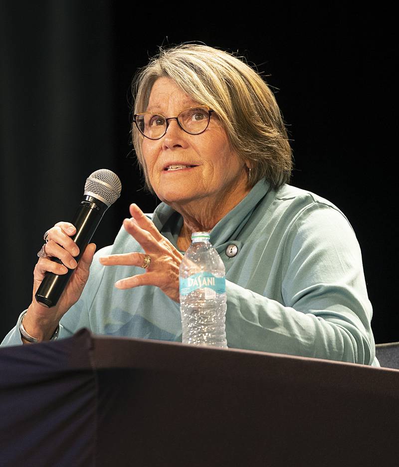 Dixon School Board member Linda Wegner speaks during a forum Tuesday, March 18, 2025, for candidates in Dixon. Wegner and three others are running unopposed in the board race.