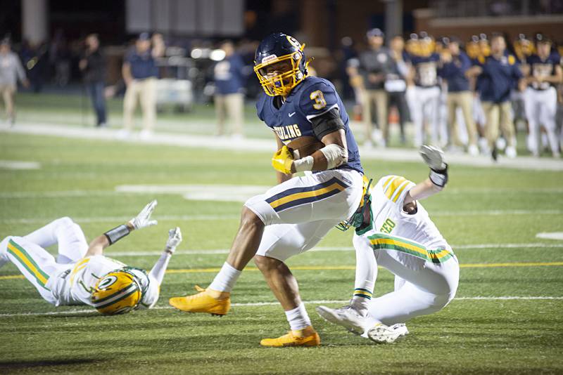 Sterling’s Antonio Tablante spins at the goal line for a TD Friday, Sept. 23, 2022 against Geneseo.