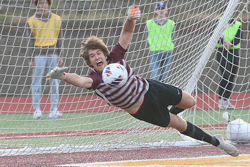 Wheaton Academy's keeper Declan Finnegan misses a penalty kick against Timothy Christian during the Class 1A State soccer third place game on Saturday, Oct. 29, 2022 at EastSide Centre in Peoria.