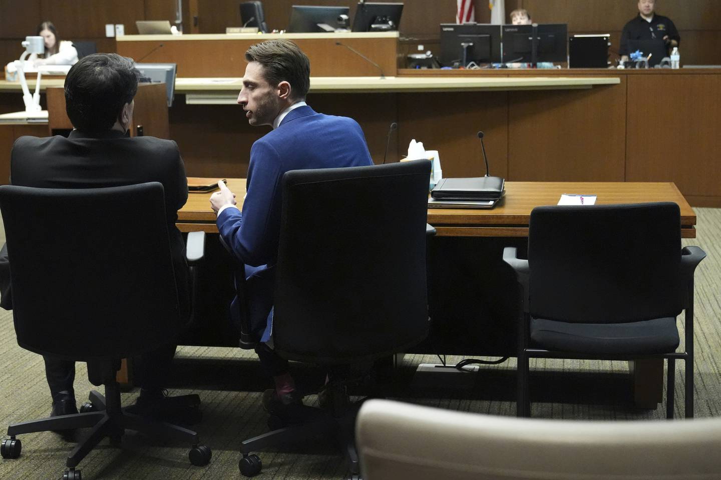 A seat for Robert Crimo III, who did not appear, sits empty at the defense table during the sentencing hearing for Crimo III Wednesday, April 23, 2025, at the Lake County Courthouse, in Waukegan., Wednesday, April 23, 2025.
