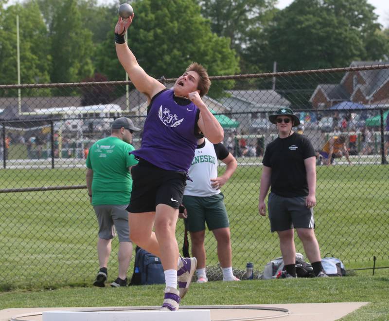 Dixon's Matthew Warkins throws shot put during the Class 2A track sectional meet on Wednesday, May 17, 2023 at Geneseo High School.