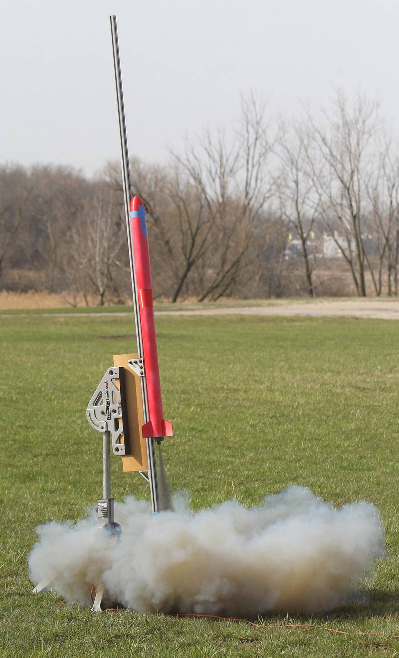 A rocket made by the Prince of Peace Redhawk Rocketeers TARC Team takes off on a practice launch to compete in the upcoming American Rocketry Challenge at the Tim Osmond Sports Complex in Antioch. The finals are held next month in Washington, D.C. on May 14th.