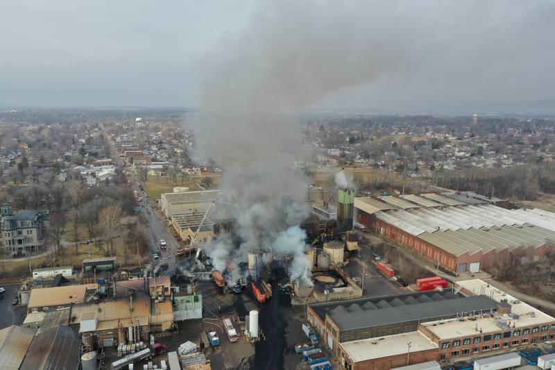 An aerial view of a massive fire at Carus Chemical Company on Wednesday, Jan. 11, 2023 in La Salle.