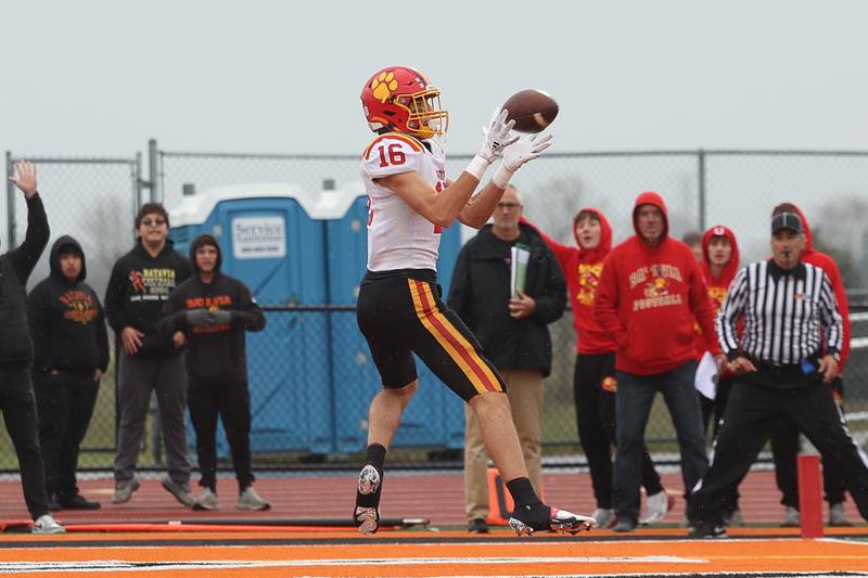 Batavia’s Lucas Stevenson pulls in the pass for an uncontested touchdown against Lincoln-Way West on Saturday, Nov. 9, 2024 in New Lenox.