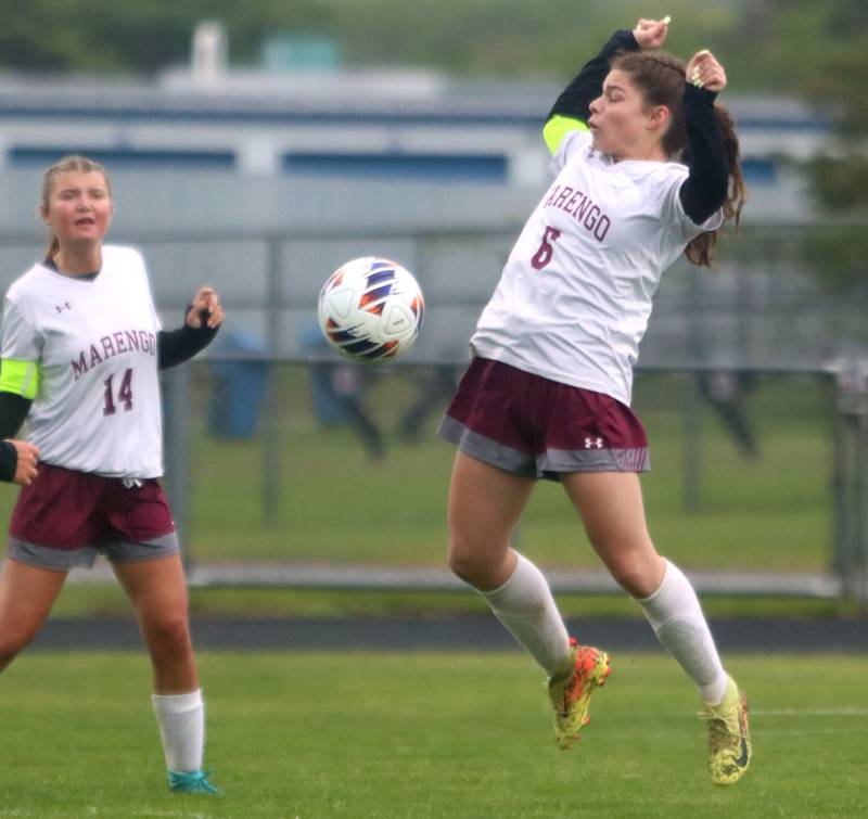 Marengo’s Katie Polizzi corrals the ball against Richmond-Burton in IHSA Class 1A Regional Title Game action soccer at Marengo High School in Marengo on Wednesday, May 21, 2025.