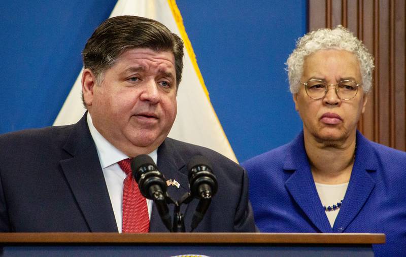 Gov. JB Pritzker and Cook County Board President Toni Preckwinkle are pictured at an event in Chicago on Monday, April 15, 2024. The pair highlighted a plan to eliminate medical debt for many Illinoisans.