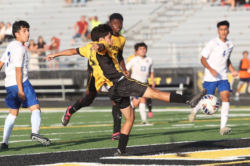 Joliet West’s Santiago Villalobos comes up short on a shot against Joliet Central on Tuesday, Oct. 3, 2023 in Joliet.