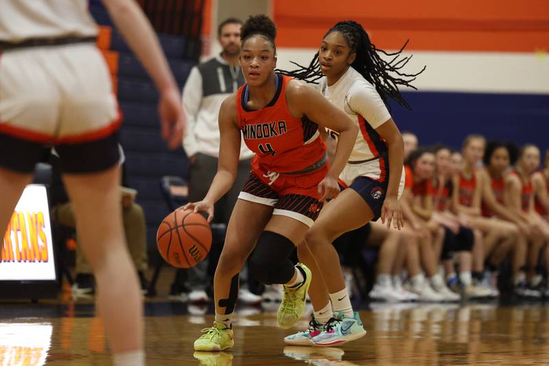 Minooka’s Makenzie Brass drives upcourt against Romeoville on Tuesday January 24th, 2023.