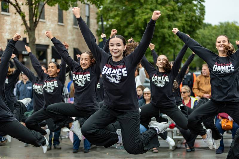 Senior Lilly Lazzara performs with the Plainfield North Dance Team during the Plainfield Community Homecoming Parade on Sept. 28, 2024.