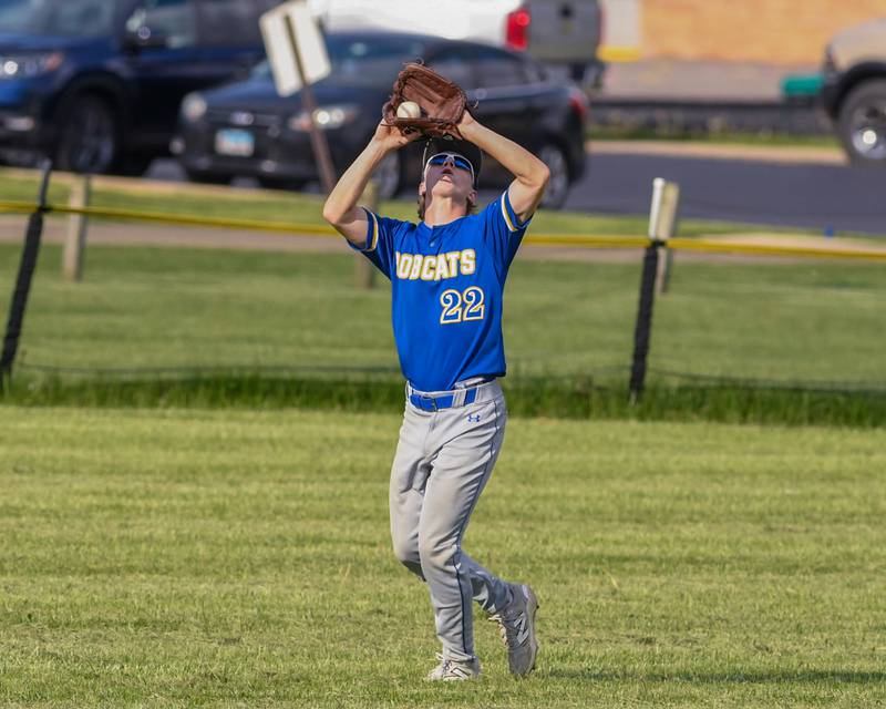 Somonauk's Brady Andrews (22) catches the ball during the game for an out on Tuesday May 13, 2025, while taking on Newark High School held at Somonauk High School.