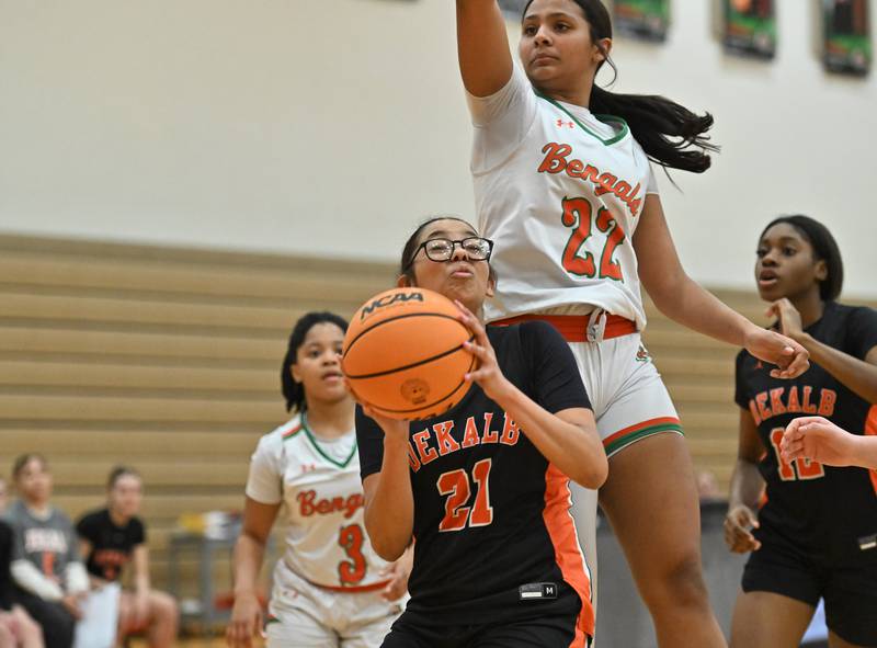 Dekalb's Alicia Johnson attempts a shot againt Plainfield East's Khloe Oglesby  during a non-conference game on Thursday, Feb. 13, 2025, at Plainfield.