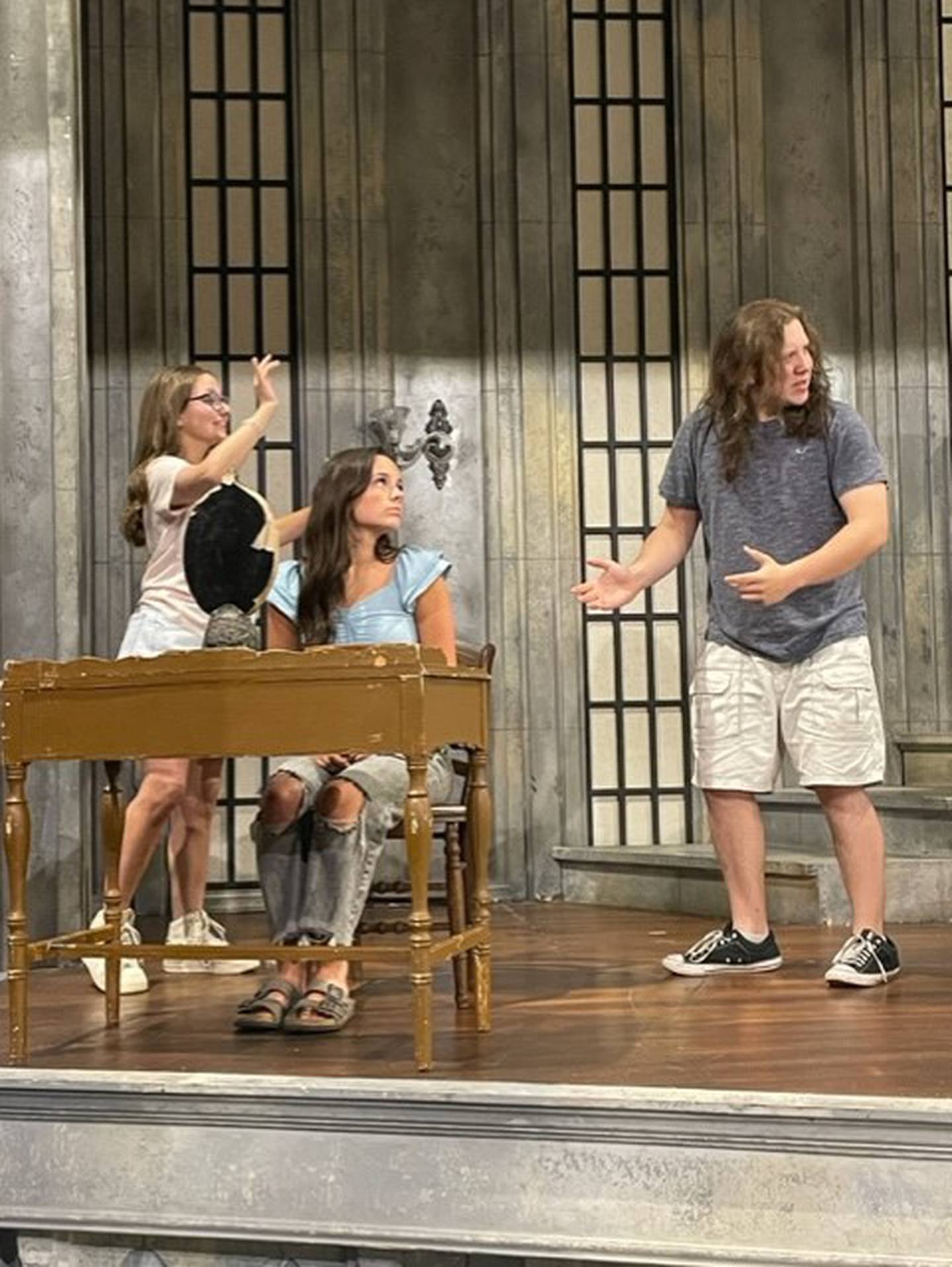 Cecelia Sagel (Madame), Brinley Francis (Belle) and Logan Moreno (Beast) practice a scene for the upcoming performance of the "Beauty and the Beast".