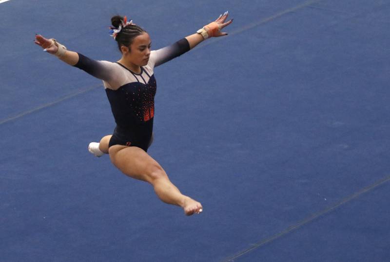 Oswego's Ava Sullivan competes in the preliminary round of the floor exercise on Friday, Feb. 21, 2025, during the IHSA Girls State Final Gymnastics Meet at Palatine High School.