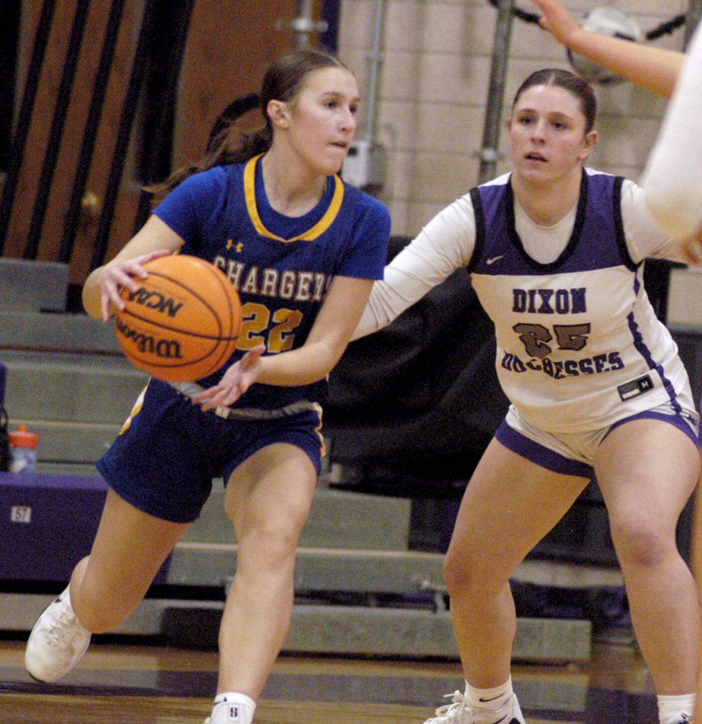Dixon's Presley Lappin applies pressure to Reese Schramka. The Dixon Duchesses played  the Aurora Central Catholic Chargers in the Dixon Holiday Tournament at Dixon High School on Friday, December 26th, 2025