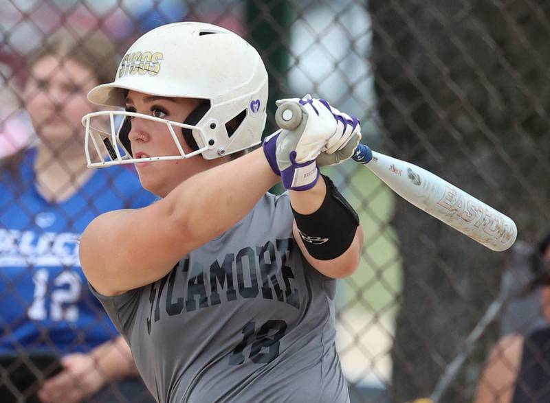 Sycos’ Kennedy Latimer hits an RBI double Friday, June 27, 2025, during their 16u game against Select Fastpitch in the Storm Days tournament at the Sycamore Community Sports Complex.