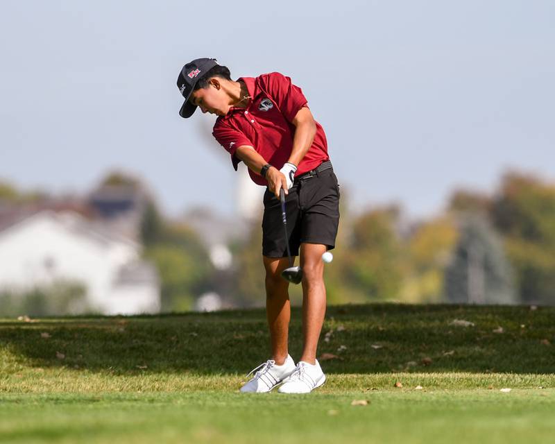 Sam Espinosa of Plainfield North tees off during the Plainfield Central regional on Wednesday Oct. 1, 2025, held at Wedgewood Golf Course in Plainfield.