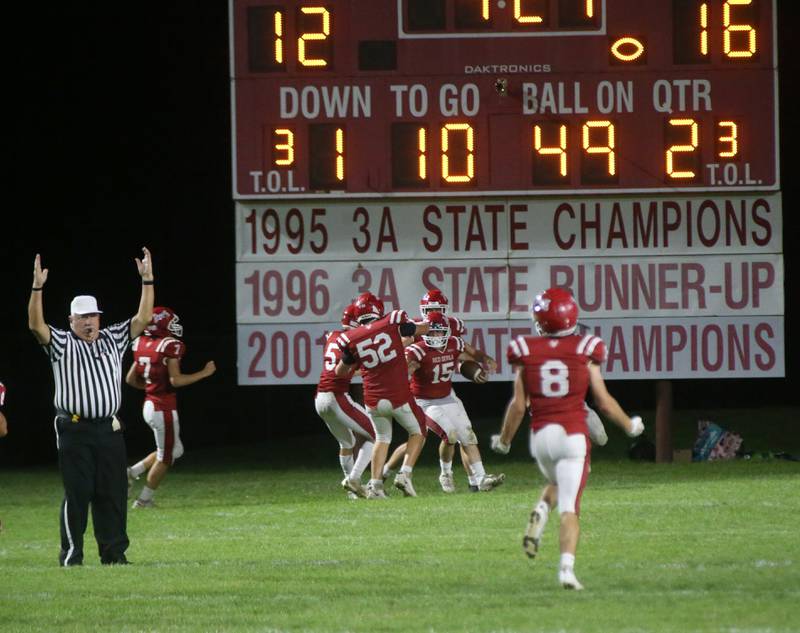 Hall's Tristan Redcliff (15) scores a touchdown over Illinois Valley Central on Friday, Sept. 29, 2023 at Richard Nesti Stadium.