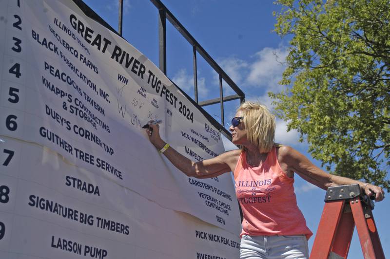 Jane Black keeps track of the tug board at the Port Byron-hosted Great River Tug Fest across the Mississippi River on Saturday, August 10, 2024.