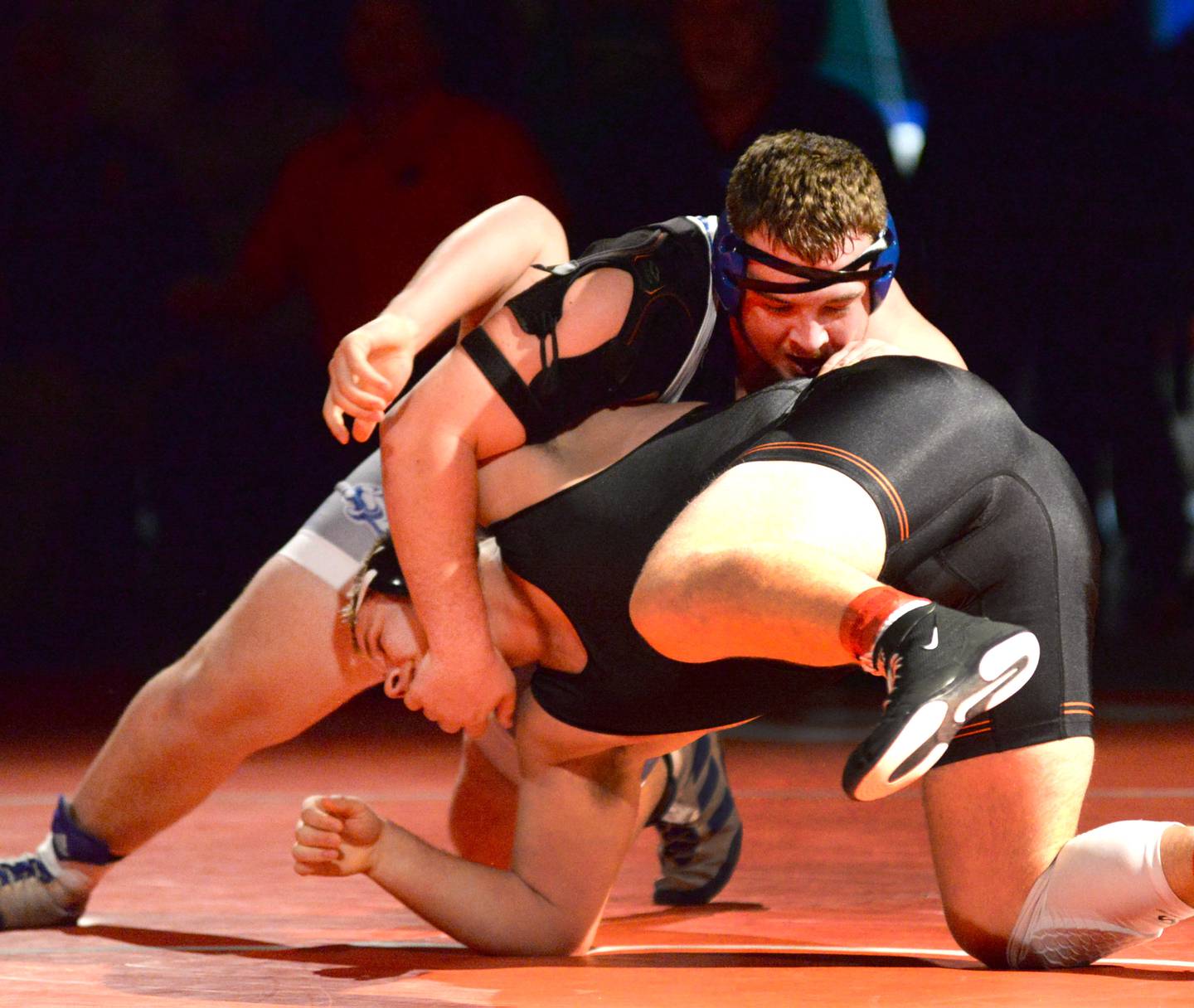 Princeton’s Cade Odell (top) and Byron’s Jared Claunch wrestle for third place at 285 pounds at the 1A Oregon Regional on Saturday, Feb. 15, 2025.