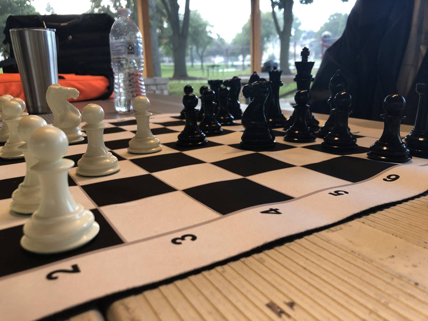 Jeff Vada and Jeff Coleman are among the players who set up their chess game at McHenry's Veterans Memorial Park on Tuesday, Sept. 20, 2022. The group of players is seeking an indoor spot now.