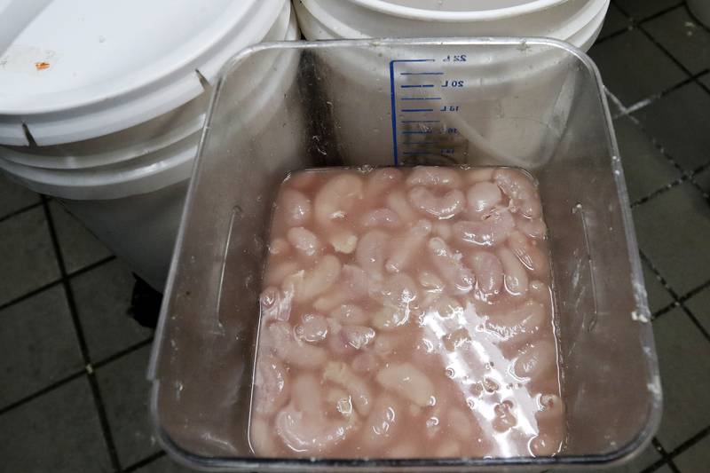 A tub of turkey testicles awaits deep frying during the 39th annual Turkey Testicle Festival at Parkside Pub on Wednesday, Nov. 24, 2021, in Huntley.