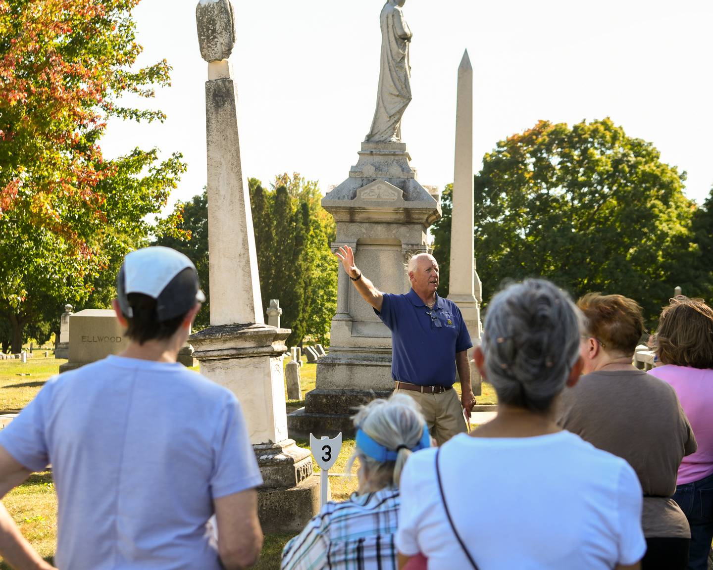Commander of Gen. E.F. Dutton Camp #49 in Sycamore and presenter Dennis Maher speaks about the Holcomb family on Sunday Oct. 5, 2025, during the Etched in Stone cemetery walk held at Elmwood cemetery in Sycamore.