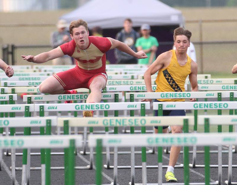 Morris's Noah Smith and Sterling's Andrew Bland compete in the 110 meter hurdles during the Class 2A track sectional meet on Wednesday, May 17, 2023 at Geneseo High School.