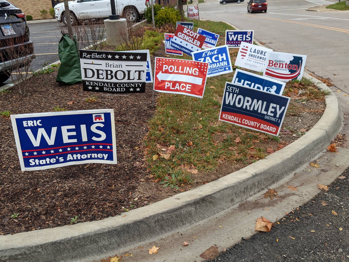 Candidate signs near Kendall County's new building for the clerk, recorder and elections offices in downtown Yorkville.