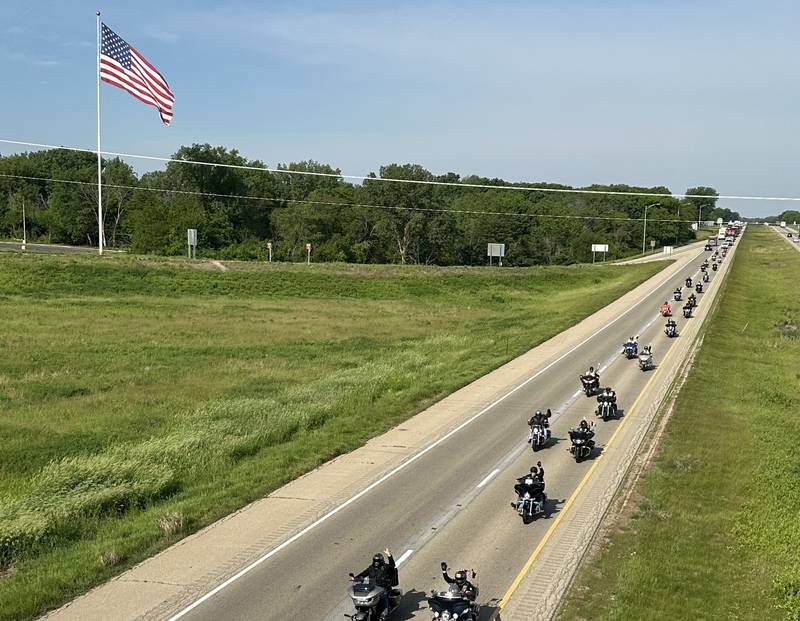 Around 30 motorcyclists passed through Princeton on Interstate 80 with the National Veterans Awareness Ride on Tuesday, May 21, 2024. The NVAR is a 13-day ride across America from Sacramento CA. to Washington D.C. A group of local Veterans and Flags of Freedom members were on hand to greet the Veteran motorcycle riders as they passed Princeton on their cross country journey of remembrance of fallen soldiers .The group also stopped at the Middle East Conflicts Wall Memorial in Marseilles before heading east.