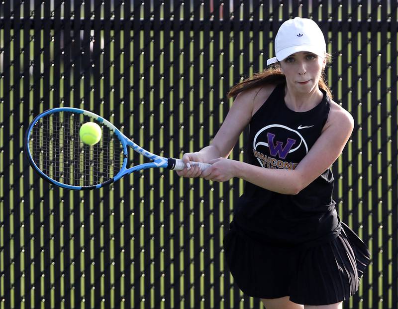Wauconda’s Katherine Bindas returns the ball  during a non-conference tennis match on Monday, Sept. 25, 2023, at Crystal Lake Central High School.