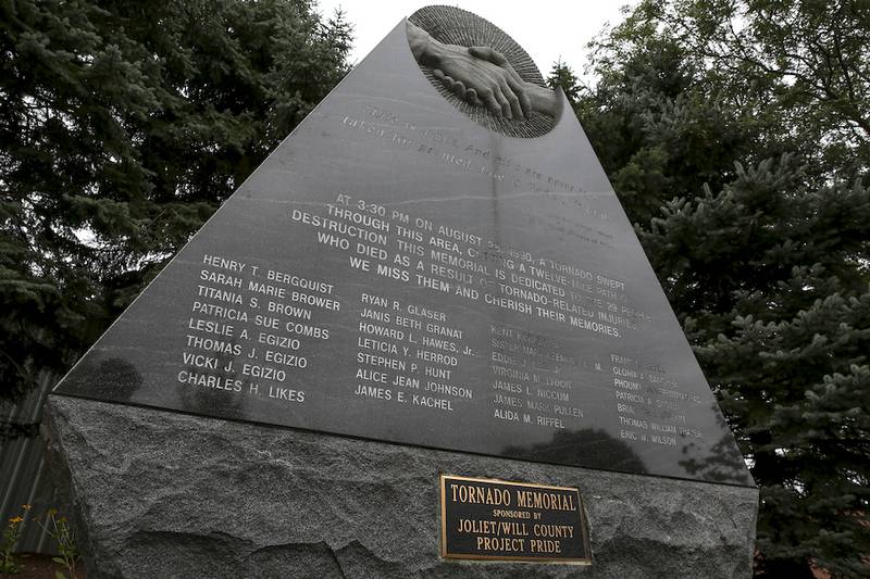 A memorial marks the path of destruction left by the 1990 Plainfield tornado.