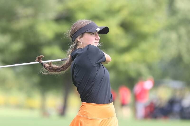 Lincoln-Way West’s Peyton White drives off hole 11 in the Class 2A Bradley Regionals at the Green Garden Country Club in Frankfort on Thursday, Sept. 28, 2023.