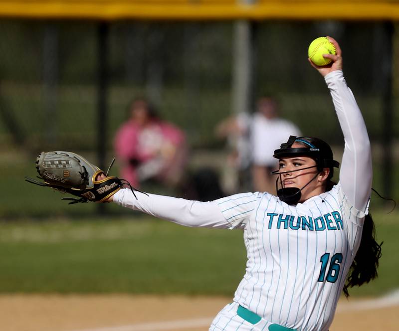 Woodstock North's Kylee Nicholson throws a pitch during a Kishwaukee River Conference softball game against Marengo on Tuesday, April 28 , 2026, at Woodstock North High School.