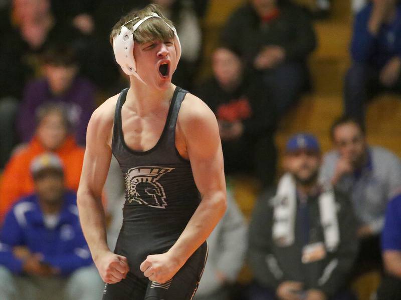 Sycamore's Carson West reacts after winning the 106 weight class during the Class 2A Sectional championship on Saturday, Feb. 15, 2025 at Washington High School.