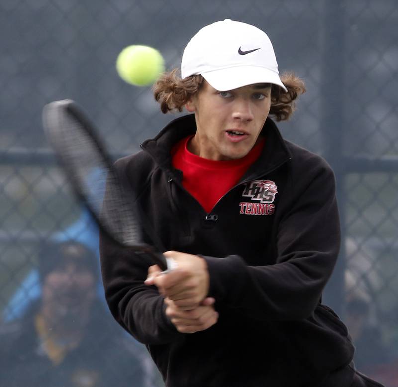 Huntley’s Jonathon Stec returns the ball during an IHSA 2A boys doubles tennis match Thursday, May 25, 2023, at Buffalo Grove High School.
