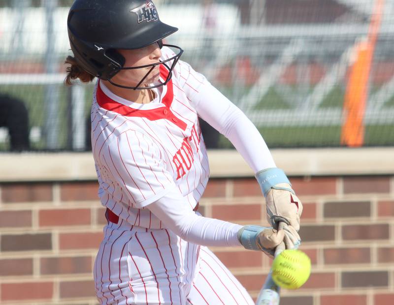 Huntley’s Grace Benson makes contact against Prairie Ridge in varsity softball at Huntley High School in Huntley on Monday, May 5, 2025.