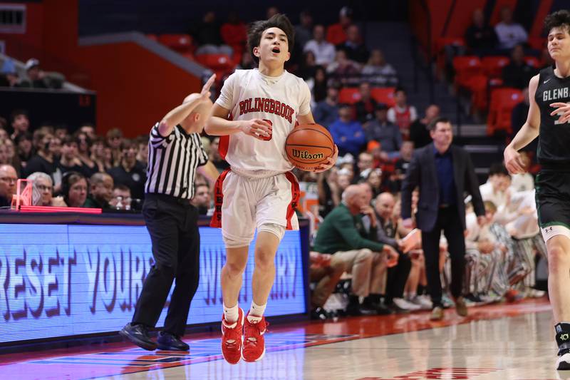 Bolingbrook’s Josh Aniceto reacts after fouling against Glenbard West in the Class 4A semifinal at State Farm Center in Champaign. Friday, Mar. 11, 2022, in Champaign.