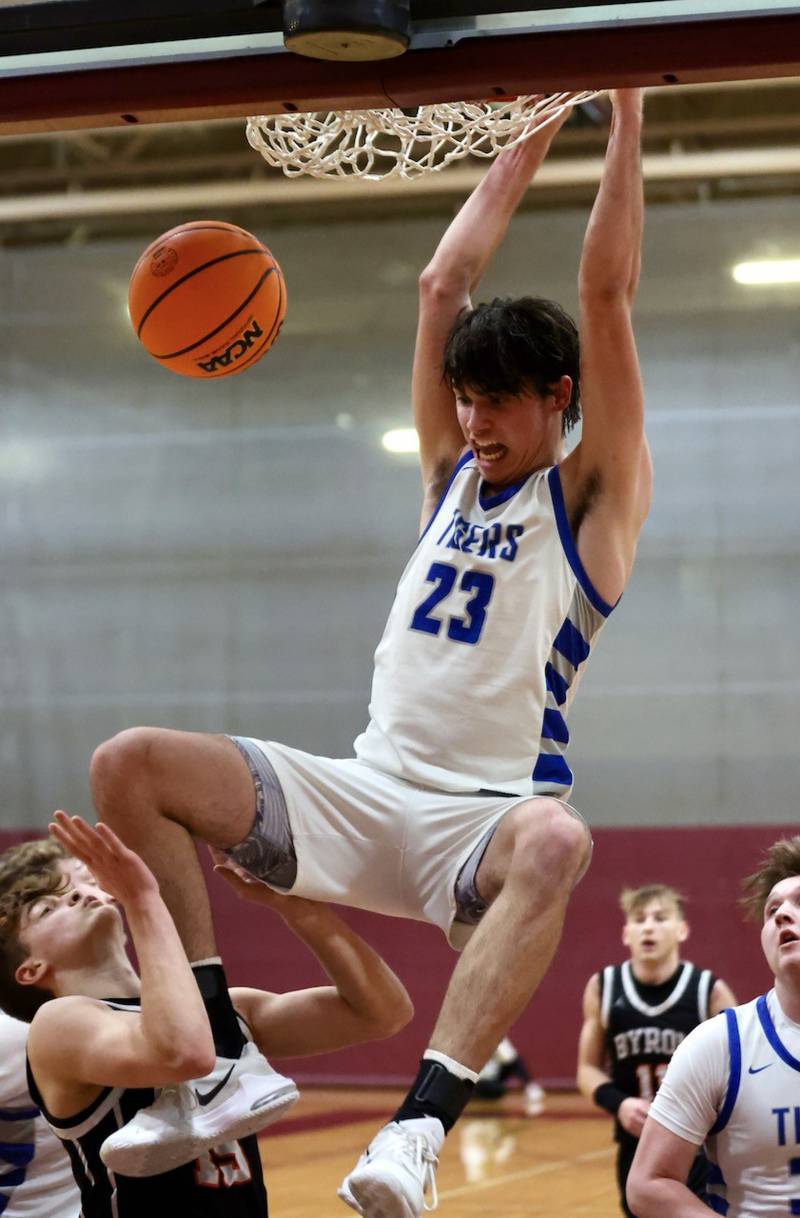 Princeton's Noah LaPorte throws down a slam dunk in Wednesday's sectional semifinals at Marengo. Princeton beat 46-42 to advance to Friday's championship against Rock Falls.