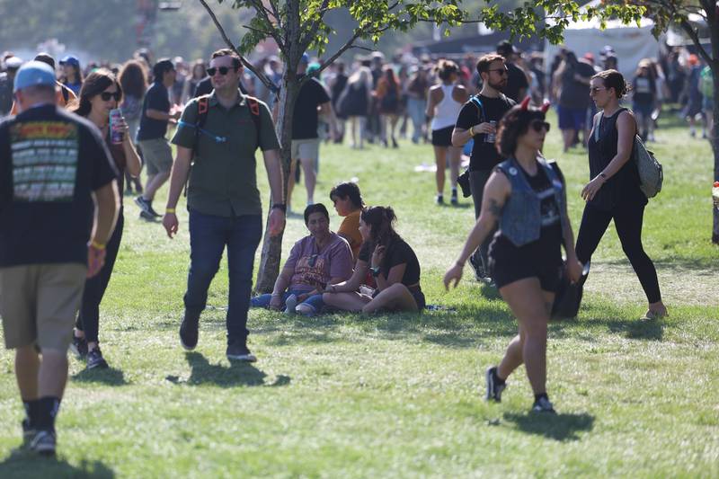 A group finds shelter from the sun under a small tree on day one of Riot Fest, Friday, Sept. 15, in Chicago.