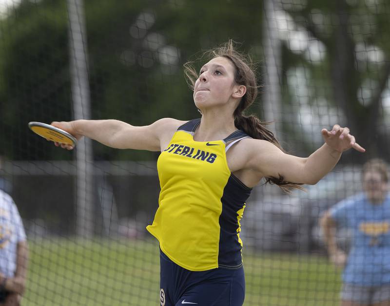 Sterling’s Kendall Barajas fires the discus Wednesday, May 14, 2025, during Sectionals at Sterling High School.