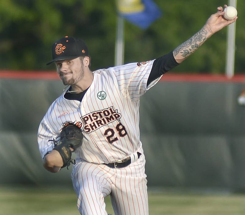 Illinois Valley Pistol Shrimp opening-night starter and Ottawa native Jared Herzog fires a pitch Friday, June 2, 2023, against the Burlington Bees at Schweickert Stadium at Veterans Park in Peru.