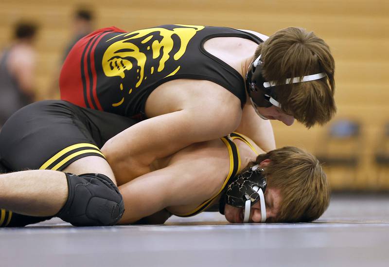 Glenbard North’s Joseph Fitak wrestles Batavia’s Jack Brown at 175-lbs at the 2025 DuKane Boys Varsity Tournament Saturday, Jan. 25, 2025 in St. Charles.