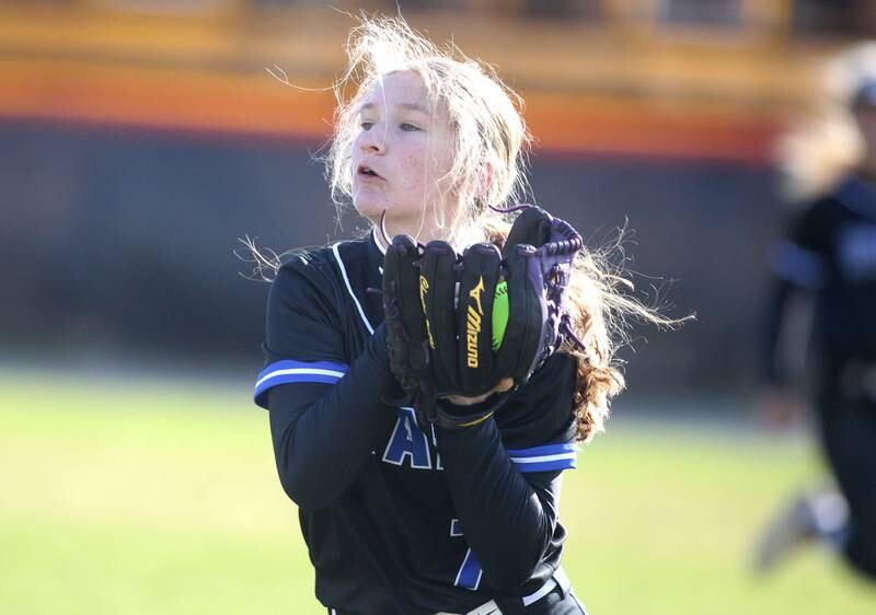 St. Charles North’s Ashlee Chantos makes a catch in right field during a game at Wheaton Warrenville South on Thursday, April 14, 2022.